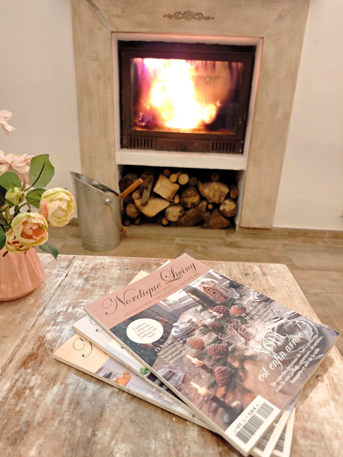 Cheminée à feu de bois allumée, créant une ambiance chaleureuse et cosy